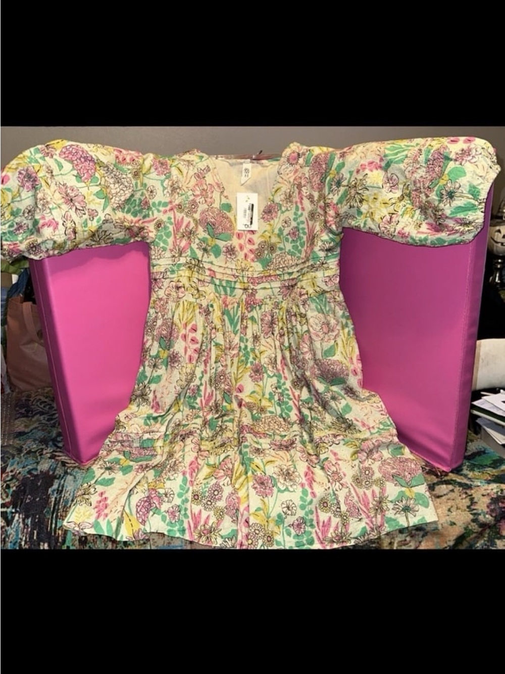 Uncle Frank Cream Floral Smocked Dress with Pink & Green Accents